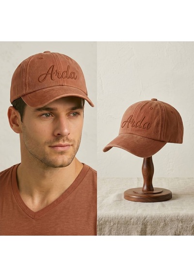 Bk Gift Kişiye Özel İsim Nakışlı Vintage Turuncu Beyzbol Şapkası Unisex Eskitme Kumaş Metal Tokalı