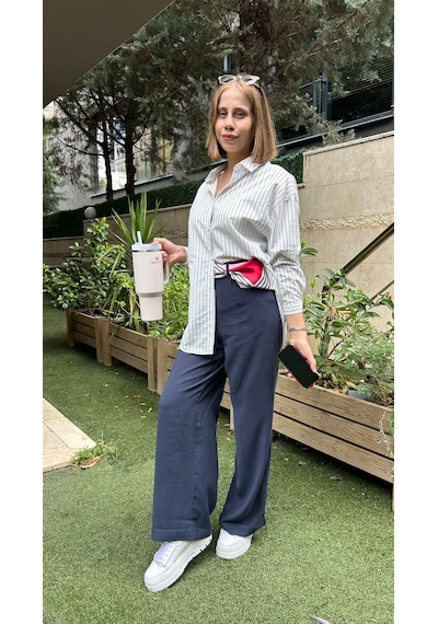 Elif Tarakçı Butik Pamuklu Çizgili Gömlek Mavi Çizgili