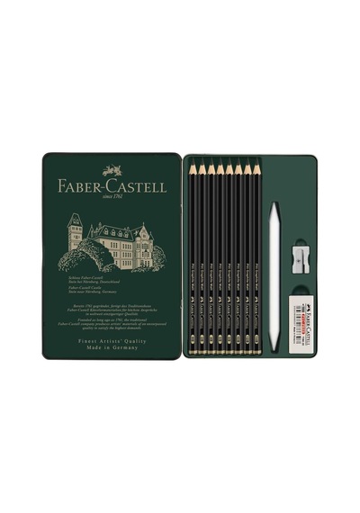 Faber-castell Pitt Matt Dereceli Kalem Seti, 11 Parça, Ultra Mat Siyah Ton, 14b Kalem, Geçiş Kalemi, Kalemtıraş Ve Genel