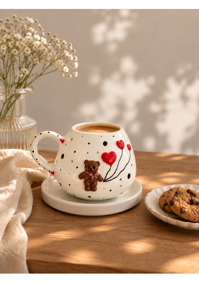 Teddy Ayıcıklı Kahve Ve Çay Fincanı Beyaz - Krem