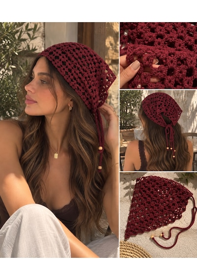Algebutik Bordo El Örgüsü Bağcıklı Bere / Örgü Şapka