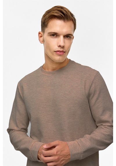 Süvari Bol Kesim O Yaka Melanj Desenli Waffle Sweatshirt Koyu Kahve Kh9
