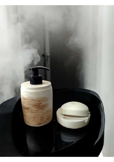 Marble Bej Banyo Seti,sıvı Sabunluk Diş Fırçalığı Beton Aksesuar Takımı Bej