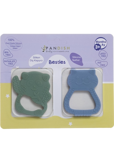 Besties Silikon Diş Kaşıyıcı Buz Mavisi Kedi & Yeşil Panda 2 Adet Çok Renkli