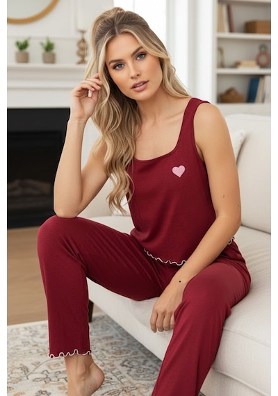Siyah İnci Kalın Askılı Örme Pijama Takım7884 Bordo