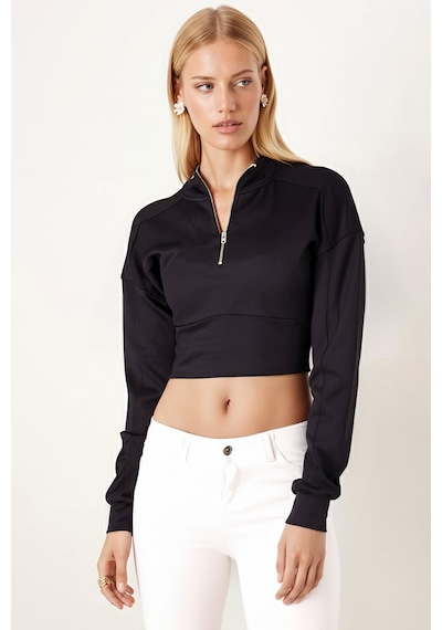 Armonika Kadın Siyah Yakası Fermuarlı Crop Sweatshirt Arm-26k042009