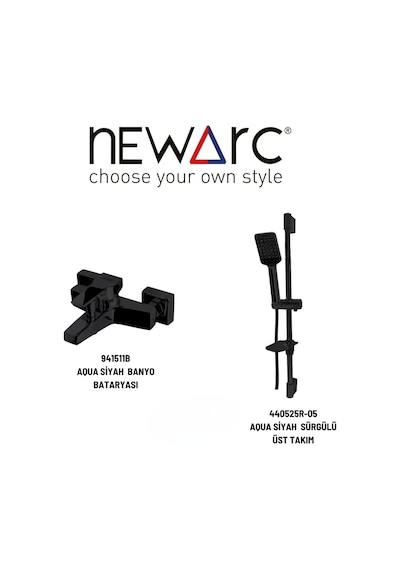 Newarc Aqua 941511B Banyo Bataryası + 440525R-05 Sürgülü Üst Set Siyah