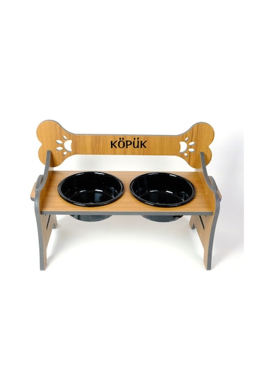 Köpek Su Ve Mama Kabı Standı-özel İsim Baskılı-suya Dayanıklı-ceviz Cdf- Siyah Seramik Kase-2 1000ml