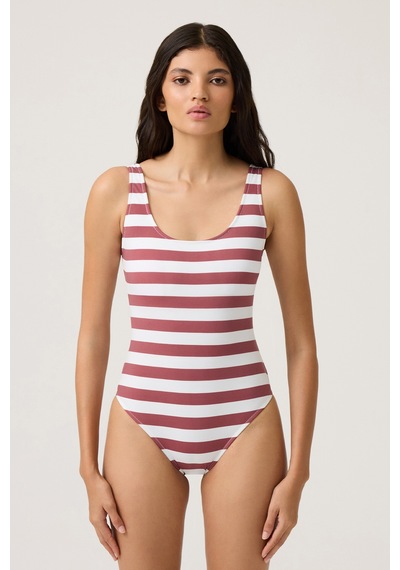 Los Ojos Bordo-beyaz Çizgili U Yaka Spor Mayo Sporty One Piece Bordo-beyaz Bordo-beyaz