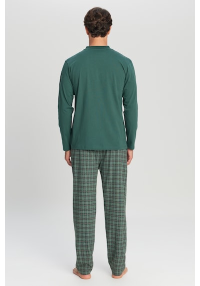 AC&Co / Altınyıldız Classics Erkek Hakı %100 Pamuk Standart Fit Hakim Yaka Desenli Cepli Pijama Takımı Haki