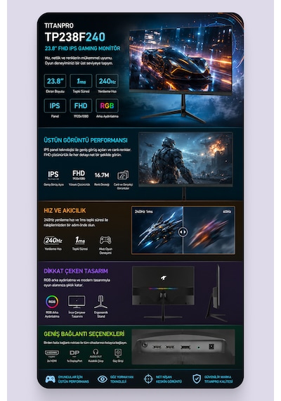 Tp238f240 23.8" 1ms 240hz Ips Fhd Srgb Dahili Hoparlörlü Gaming Oyuncu Monitör