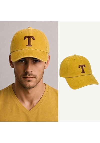 Tesbihane İsme Özel Harf Nakışlı Sarı Vintage Stil Eskitme Kumaş Ayarlanabilir Unisex Beyzbol Şapkası
