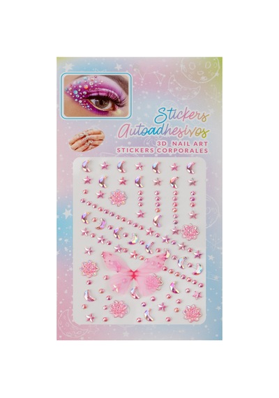 Pembe Aurora Kelebek, Ay Ve Yıldız Temalı 3d Yüz & Nail Art Kristal Sticker Seti