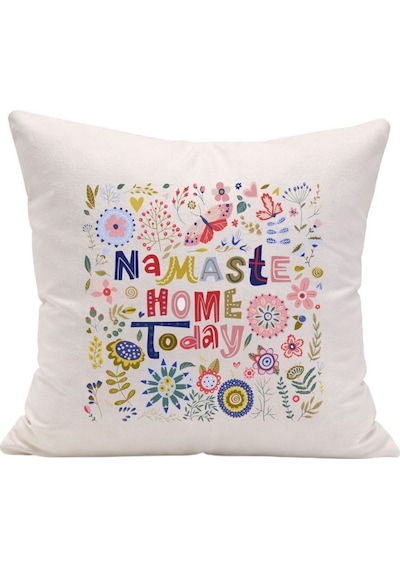 Namaste Home Today Yazılı Bohem Çiçek Desenli Dekoratif Yastık Kılıfı Beyaz