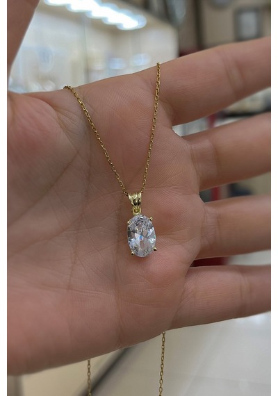 Gümüş Oval 12x8 Mm 4,5 Carat Tektaş Kolye Sarı