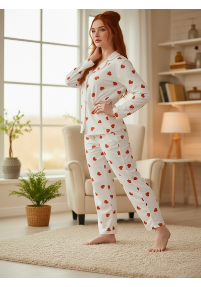 Süet Gömlek Pijama Takımı 7101 Kalpli Kırmızı Beyaz