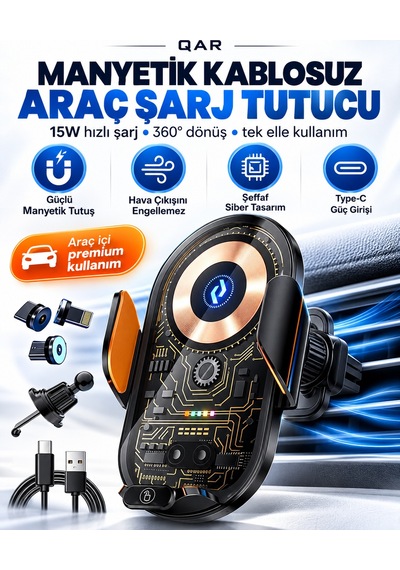 C13 Kablosuz Şarjlı Araç Telefon Tutucu Otomatik Açılıp Kapanan Kollu 360 Dönebilen Şeffaf Tasarım Metal Gövdeli Araç İçi Telefon Tutacağı