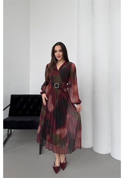 Neşeli Butik Kadın Bordo Beli Kemerli Piliseli Kruvaze Yaka Şifon Elbise Nbelb03 Bordo