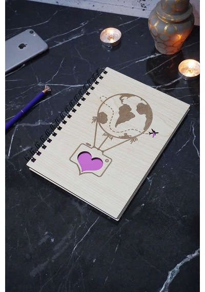Dünyalı Balon Desenli Ahşap Defter - Günlük - A5 Spiralli Çizgisiz Defter Ahşap Rengi Banu