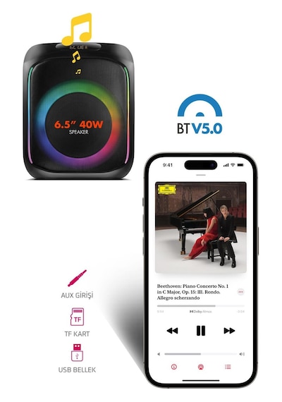Powerway MIO Taşınabilir Mikrofonlu 40 W Parti Karaoke Kumandalı Bluetooth Hoparlör Led Işıklı