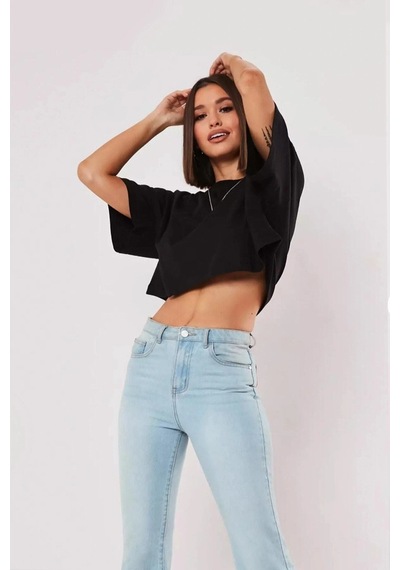 Startmore Beyaz %100 Pamuk Bisiklet Yaka Oversize Crop T-shirt Siyah