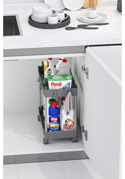 Gri 2 Katlı Tekerlekli Düzenleyici Mutfak Ve Banyo Rafı