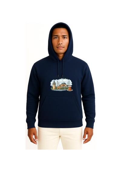 Bahriyeli Collection Kapüşonlu İstanbul - Ayasofya Camii Ve Çay Göğüs Tasarımlı Unisex Sweatshirt Lacivert