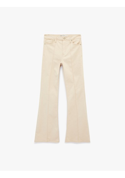 Koton Nervürlü Cepli Düğmeli İspanyol Paça Denim Pantolon - Flare Jeans Bej 6sal40080mw Ekru