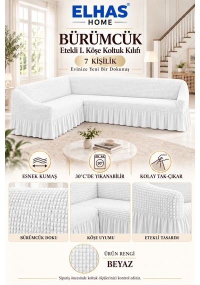 Bürümcük Kumaş 7 Kişilik Etekli L Köşe Koltuk Kılıfı Beyaz - 934823050 Beyaz