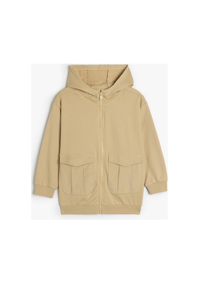Koton Çocuk Oversize Kapşonlu Fermuarlı Sweatshirt Cepli Uzun Kollu Pamuklu Şardonlu Bej