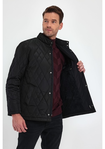 Sivaist Erkek Siyah Standart Fit Normal Kesim Içi Kürklü Dik Yaka Çıtçıtlı Dolgulu Desenli Overcoat-Siyah