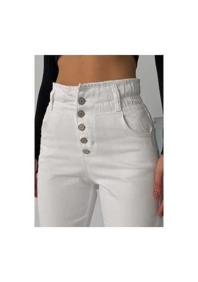 Blue Marlın Kadın Beyaz Patlet Düğmeli Kemer Büzgülü Mom Jeans Beyaz