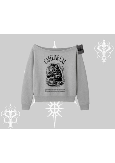 Startmore Kayık Yaka Sweatshirt Caffeine Cat Kahve Temalı Kedi Baskılı Gri