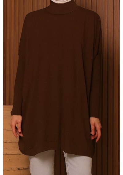 Balenbi Kadın Dik Yaka Basic 80cm Salaş Oversize Triko Tunik 1145 Kahverengi