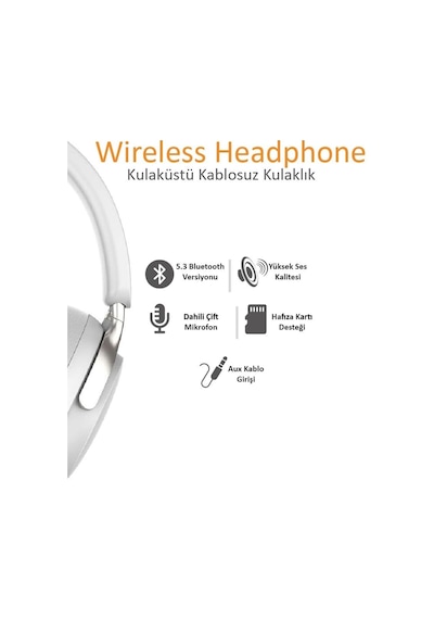 Super Bass Kulak Üstü Bluetooth Kulaklık Müzik Ve Radyo Keyfi Beyaz