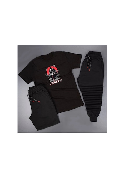 Anime Itachi Yazı Detaylı Baskılı Unisex Yazlık Şort - Normal Kalıp Tişört - Eşofman Siyah