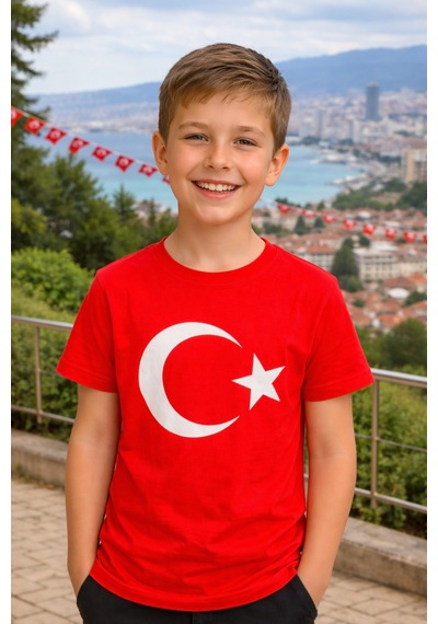 Parti Selesi Unisex 3 Adet Çocuk Bayrak Baskılı Kısa Kollu T-shirt Kırmızı