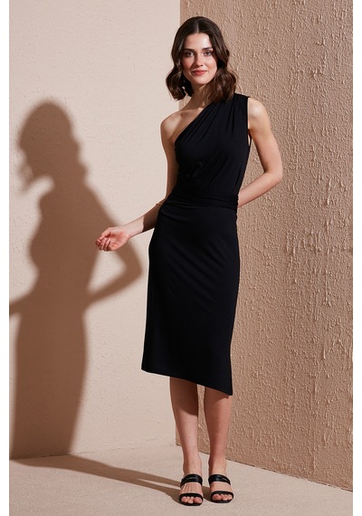 Lela Slim Fit Tek Omuzlu Yırtmaçlı Bağlama Detaylı Midi Bayan Elbise 5866272 Siyah