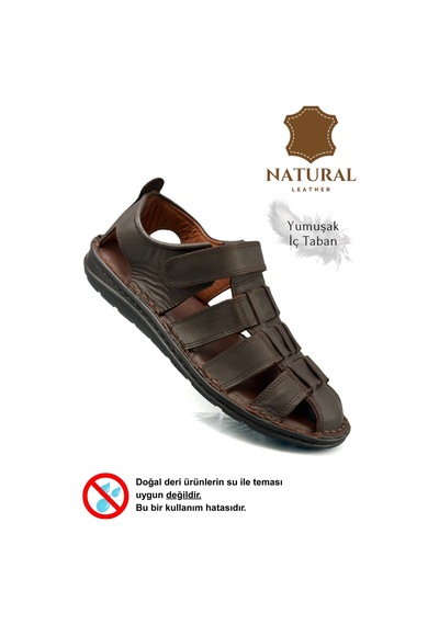 Sermoda %100 Hakiki Deri Burnu Kapalı Erkek Sandalet Kahve