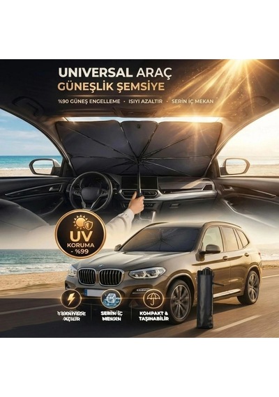 Premium Katlanabilir Araç Ön Cam Güneşliği Şemsiye Tipi Oto Güneşlik, Uv Korumalı Isı Yalıtımlı Ön