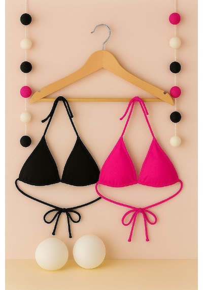 Modi Kadın Siyah Ve Fuşya Minimal Kesim Üçgen Bikini Üstü