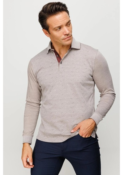 Desen Triko Erkek Polo Yaka Desenli Uzun Kollu Sweatshirt Bej Bej