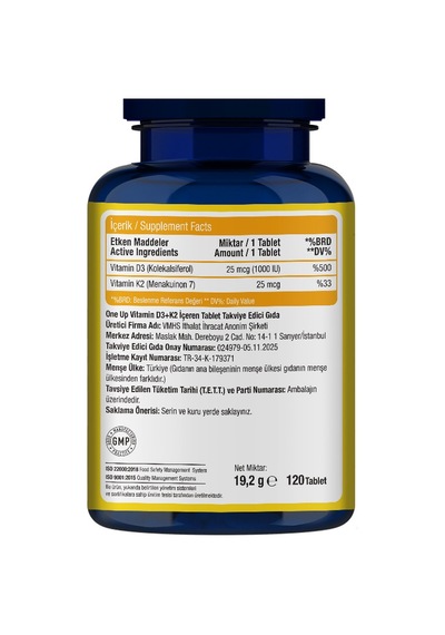 One Up D3 + K2 Vitamini 120 Tablet Aromasız