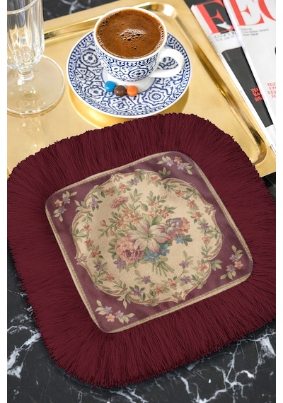Zarif Vintage Çiçekli Saçaklı Sunum Servis Altlığı Mendil-chic Nostaljik Bordo Krem Sunumluk Peçete Çok Renkli