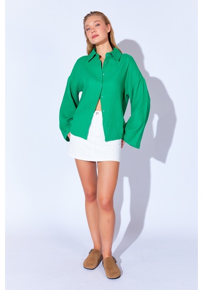 Manche Benetton Kolları Salaş Yıkamalı Müslin Oversize Rahat Kalıp Kadın Basic Gömlek Mks166881-01 Manche Benetton Kolları Salaş Yıkamalı Müslin Oversize Rahat Kalıp Kadın Basic Gömlek Mks166881-01