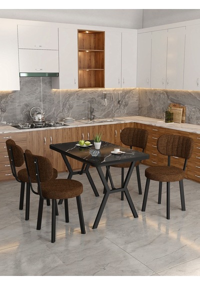 Azra 70x110cm Bendir Mutfak Masası, Mutfak Masası Takımı, Yemek Masası, 4 Kahverengi Sandalye Kahverengi