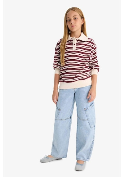 Defacto Kız Çocuk Relax Fit Polo Yaka Çizgili Uzun Kollu Okul Tişörtü F8399a825aubr194 Bordo