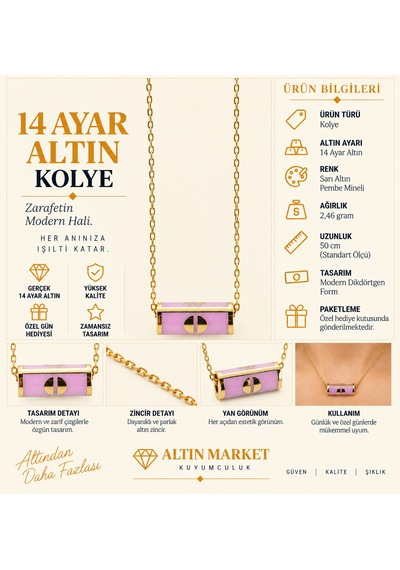 14 Ayartasarım Pembe Mineli Ve Gold Detaylı Silindirik Altın Kolye