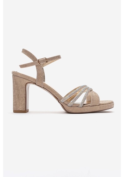 Luvishoes Jarena Altın Simli Taşlı Kadın Kalın Topuklu Abiye Ayakkabı