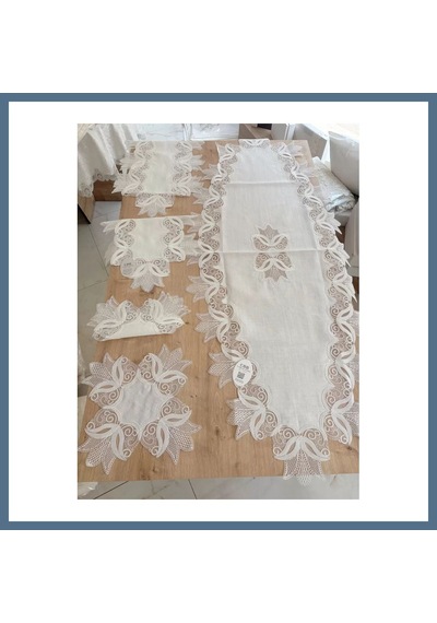 Buradabulabilirsin Salon Takımı Çeyizlik Kreme Krem Runner Set 5 Parça Keten Ranır Masa Konsol Sehpa Örtüsü Kayla Bbz